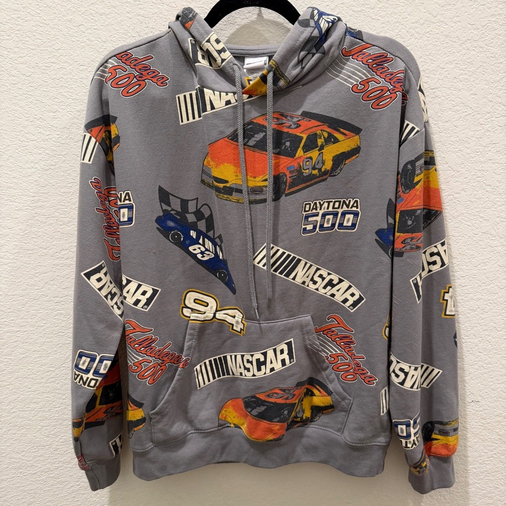 NASCAR Daytona 500 Talladega All Over Print Hoodie Mens Medium Grey Racing Sweat